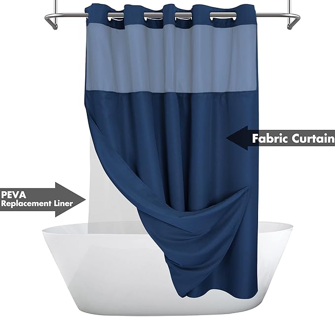 Extra Long No Hook Slub Textured Shower Curtain with Snap-in PEVA Liner Set - 71" x 86"(84"), Hotel Style with See Through Top Window, Navy Blue Fabric Curtain & Waterproof Liner, Navy Blue, 71x86
