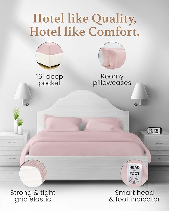 Good Sleep Bedding Split King Sheets Sets for Adjustable Bed Cotton, Luxury Sheets, Egyptian Cotton Sheets, 5 Piece 100% Cotton Split King Sheet Set, Sateen Sheetss, 2 Fitted - 16" Deep Pocket, Blush