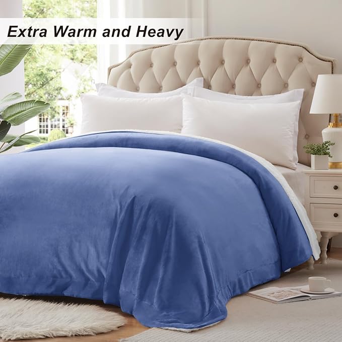 KAWAHOME Sherpa Fleece King Size Blanket for Bed - Extra Warm and Heavy Thick Blankets for Winter, Super Soft 500GSM Plush Blanket, 108" X 90" Washed Blue