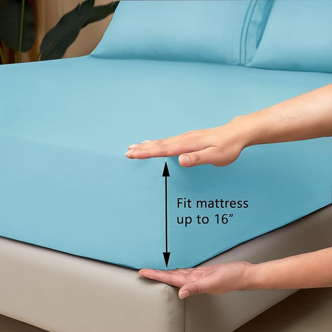 Mejoroom King Size Bed Sheet Set - Hotel Luxury 1800 Bedding Sheets & Pillowcases - 16" Deep Pocket Fitted Sheet, Soft, Breathable, Wrinkle & Fade Resistant - 4 Piece(King, Baby Blue)