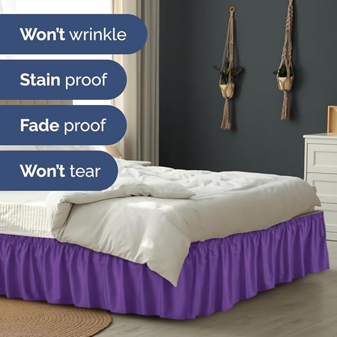 Wrap Around Dust Ruffle Bed Skirt - Purple - for Full Size Beds with 21 Inch Drop - Easy Fit Elastic Strap - Adjustable Pleated Bedskirt w/Brushed Fabric - Wrinkle Free - for Women, Men, Kids & Teens