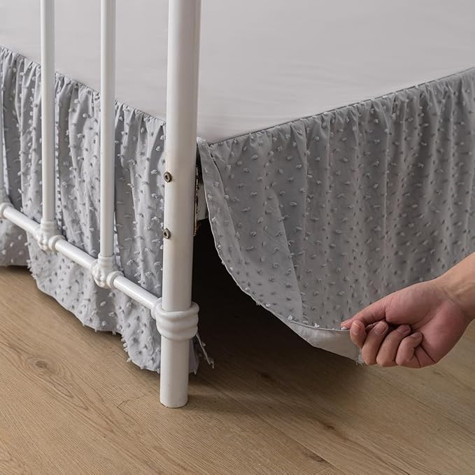 Tufted Dot Bed Skirt Full Size Ruffled Bed Skirt with Split Corners, 14 Inch Drop Dust Ruffle Bed Skirts with Platform, Light Grey