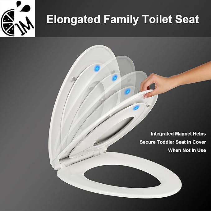 1M Family Toilet Seat, Patented Slow Close & Quick Releasing Technology, Anti-Wiggling, Easy to Install and Clean, Standard Round with Toddler Seat Built In (1 Piece)
