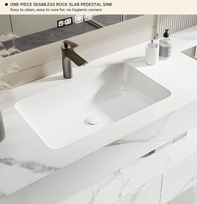 Floating Bathroom Vanity with Sink, Solid Wood Bathroom Vanity Set, Smart Defogging Mirror & Induction Side Cabinet & Large Storage - Elegant Bathroom Vanities (White,44IN)