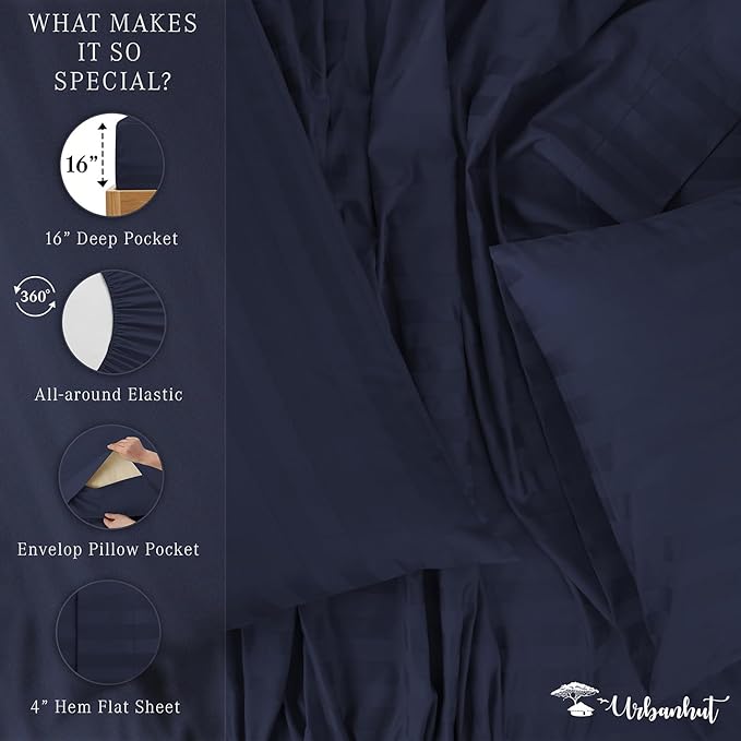 URBANHUT 1000 Thread Count Damask Striped Queen Sheet Set Egyptian Cotton Sheets, Long Staple Soft & Breathable, 4 Pc Bed Sheet Sets, Luxury Hotel Sateen Sheets Fits 16" Deep Pocket - Navy Blue