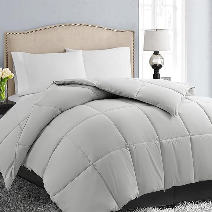 EASELAND Twin XL Down Alternative Comforter - Quilted Duvet Insert for All Seasons, Soft Lightweight with Corner Tabs, Summer Winter Warm Bedding, Light Grey 68×92 Inches