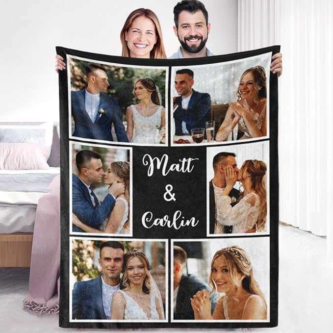 Custom Sherpa Fleece Blanket with Photos & Text - Soft, Warm & Fuzzy Personalized Couples Gifts for Boyfriend & Girlfriend - Customized Picture Blanket for Birthday, Anniversary & Christmas