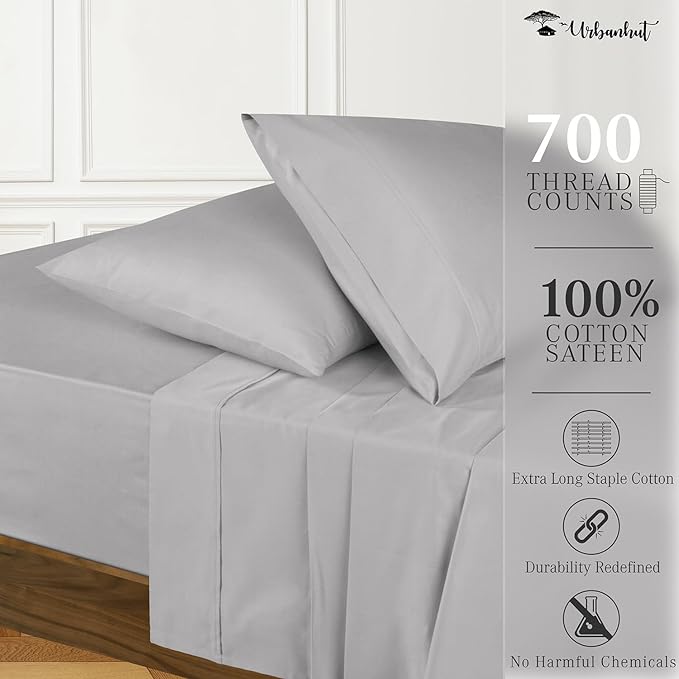 URBANHUT 700 Thread Count Egyptian Cotton Sheets California King Size, 4Pc Sheet Set Luxury Bed Sheets for California King Bed, Sateen Weave Hotel Sheets, 16'' Elasticized Deep Pocket - Silver Grey