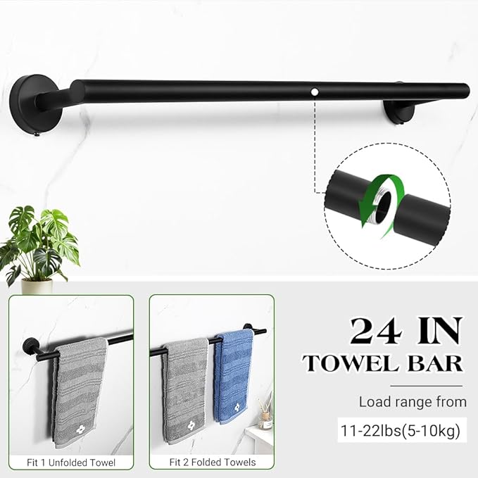 Matte Black Bathroom Towel Bar Set, 10-Piece Stainless Steel Hardware Bathroom Accessories, 24" Towel Racks for Bathroom Walls
