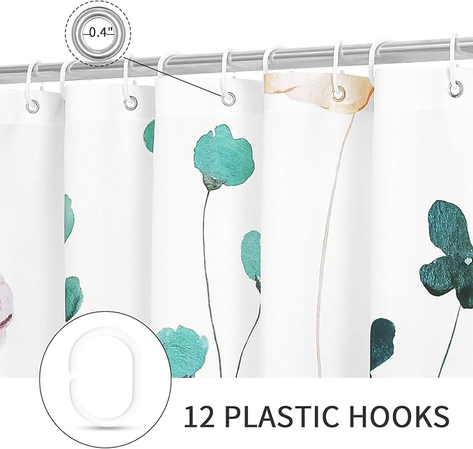 Gibelle Small Stall Shower Curtain 36 x 72, Narrow Half Watercolor Floral Fabric Shower Curtain, Teal Beige Flower Decorative Bathroom Shower Curtain Set with Hooks