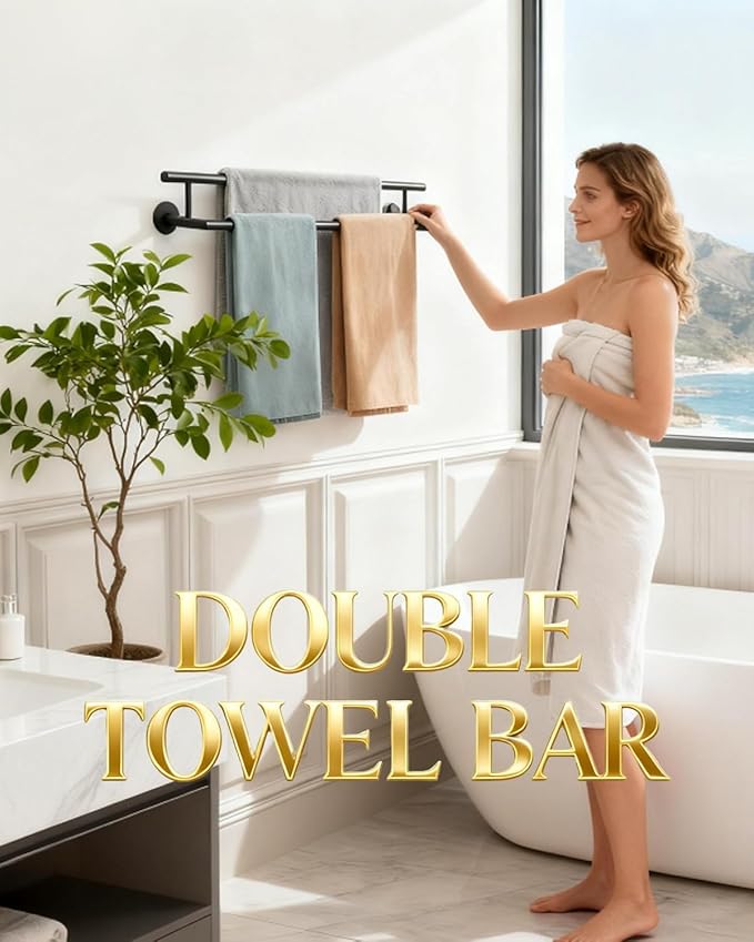 Alise Double Bath Towel Bars Towel Racks for Bathroom Lavatory,Wall Mount Towel Holder SUS304 Stainless Steel Towel Hanger Rail,GYT6902-B Matte Black 24 Inch
