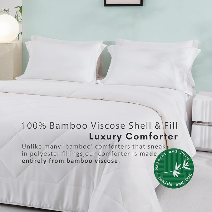 TOSMO Luxury Comforter, 100% Viscose from Bamboo Shell & Fill, Soft Breathable Cooling Silky Duvet Insert, Down Alternative Blanket for Restful Sleep (Queen, Light Weight White)
