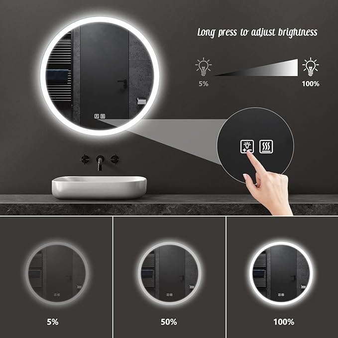 APRILSOUL 32 Inch Round LED Bathroom Vanity Mirror with Front and Backlit, Led Mirror with Anti-Fog, 3 Colors and Dimmable Light