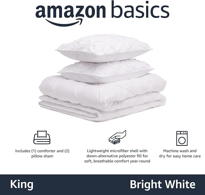 Amazon Basics King Size Soft, Lightweight Comforter Sets, All-Season Down-Alternative 3-Piece Bedding Set, Pinch Pleat Design, Bright White