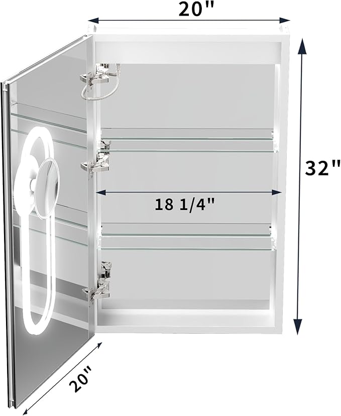 Lighted Medicine Cabinet with Mirror 20"x32" Recessed LED Medicine Cabinet Mirror, Front&Backlit, 3-Color Temperatures，Stepless Dimming, Anti-Fog, Magnifier, 2 Outlets, Storage Shelves, Left Hinge