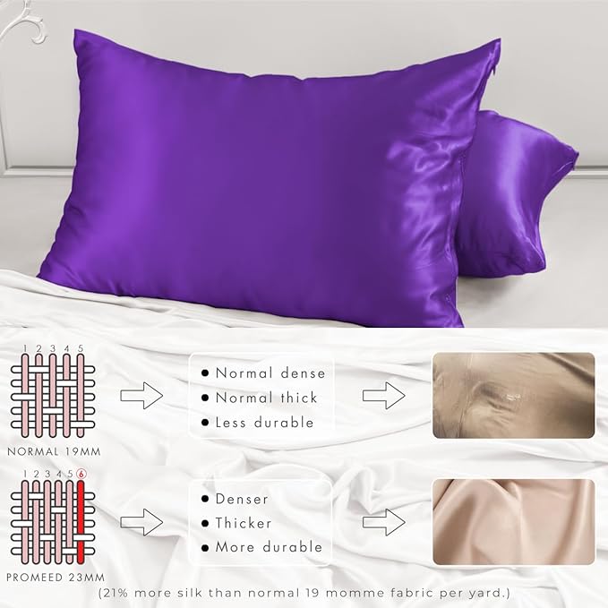 PROMEED 23 Momme Silk Pillowcase 2 Pack with Zipper, 3rd Gen Grade 6A+ 100% Mulberry Silk Pillow Case Set of 2, Cooling Pillow Cases for Hot Sleepers (Standard 20"x26", Purple)