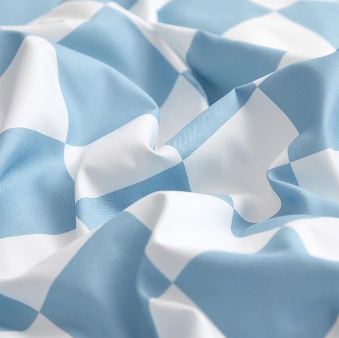 KAREVER Blue White Grid Comforter Set Twin Blue Plaid Bedding Set Girls Blue White Checkered Bed Blanket Set Kids Durable Breathable Bedding Comforter Set