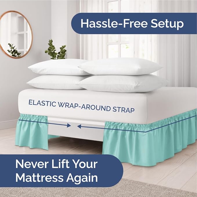 Wrap Around Dust Ruffle Bed Skirt - Spa Blue - for King Size Beds with 15 Inch Drop - Easy Fit Elastic Strap - Adjustable Pleated Bedskirt w/Brushed Fabric Wrinkle Free - for Women, Men, Kids & Teens