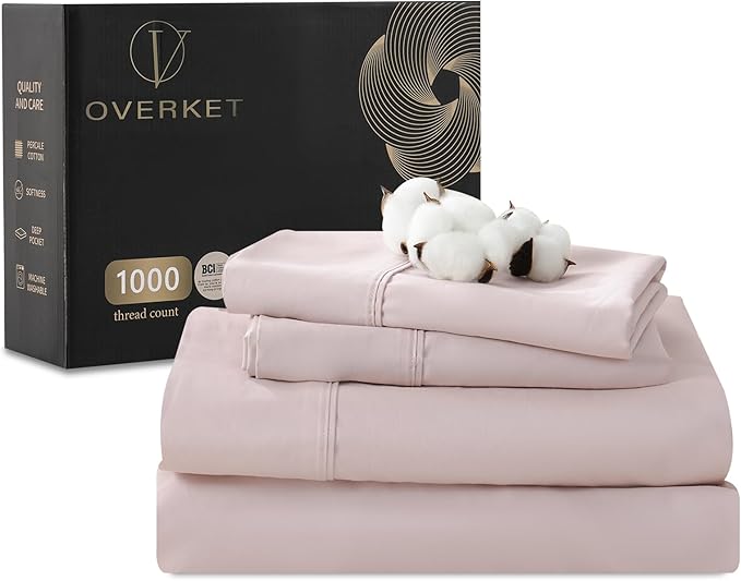 1000 Thread Count Egyptian Cotton Sheets Queen Size Set Sateen Weave Soft Breathable 16-Inch Deep Pocket 4PCS（Queen,Dusty Pink）