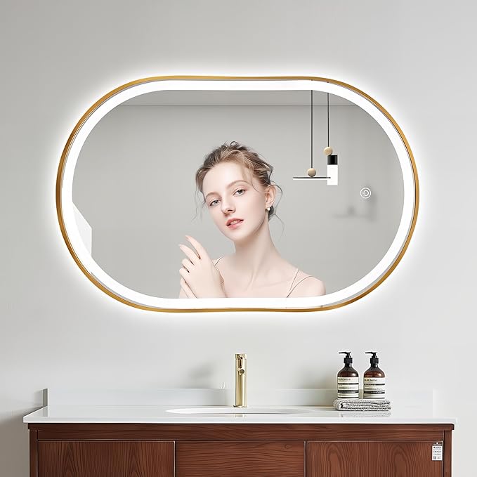 40"x24" Oval LED Bathroom Mirror with Lights, Gold Anti Fog Lighted Vanity Mirror Wall Mounted, Stepless Dimmable LED Oval Mirror, Memory, ShatterProof, Front/Backlit, Horizontal/Vertical