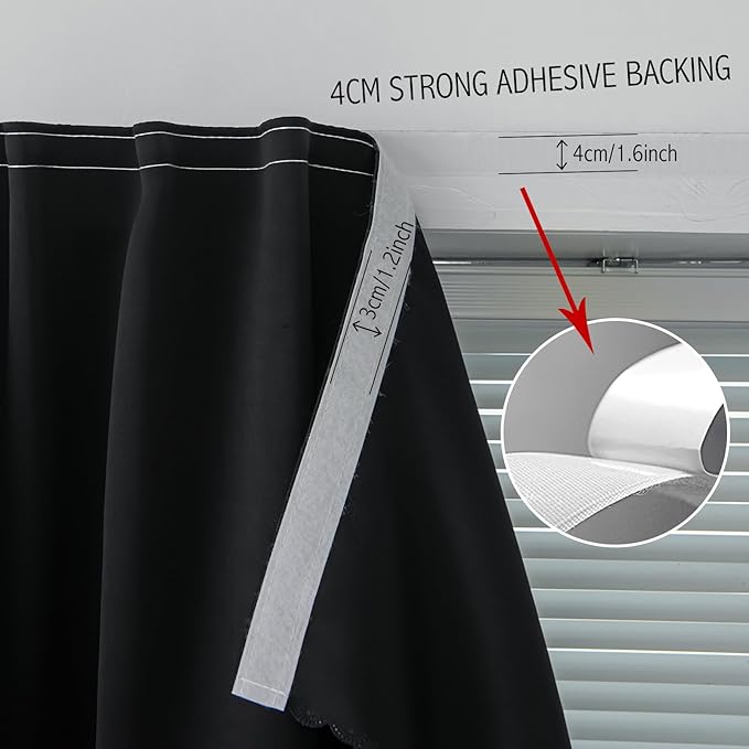 Adhesive Blackout Curtains- Self Stick Curtain No Rod Needed Easy to Hang Curtain, Use for Bedroom, Living Room, Dining Room, Kitchen, 47" W X 96" L, Black, 1 Panel