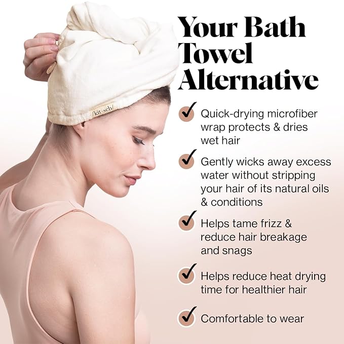Kitsch Microfiber Hair Towel Wrap for Women - Microfiber Towel, Super Absorbent, Quick Dry, Anti-Frizz - for Long and Short Hairs, Turbans for Women, Hair Wrap - White Ivory