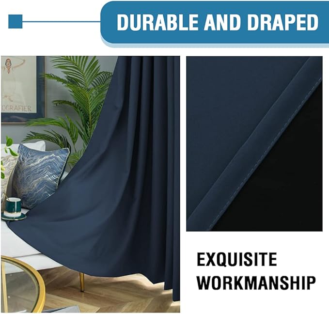 H.VERSAILTEX 100% Blackout Curtains for Bedroom Thermal Insulated Curtains & Drapes Blackout Curtains 63 Inches Long Rod Pocket Curtains for Living Room with Black Liner 2 Panels Set, Navy