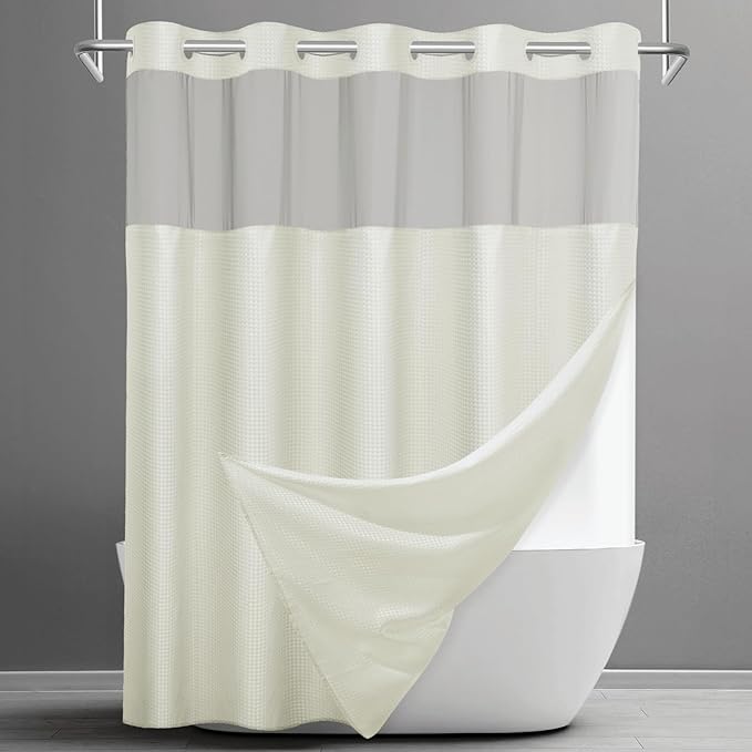 No Hook Shower Curtain with Snap in Liner Set Waffle Shower Curtain for Bathroom Hotel Style Fabric Waterproof Inner Liner，71" W x 74" H, Ivory