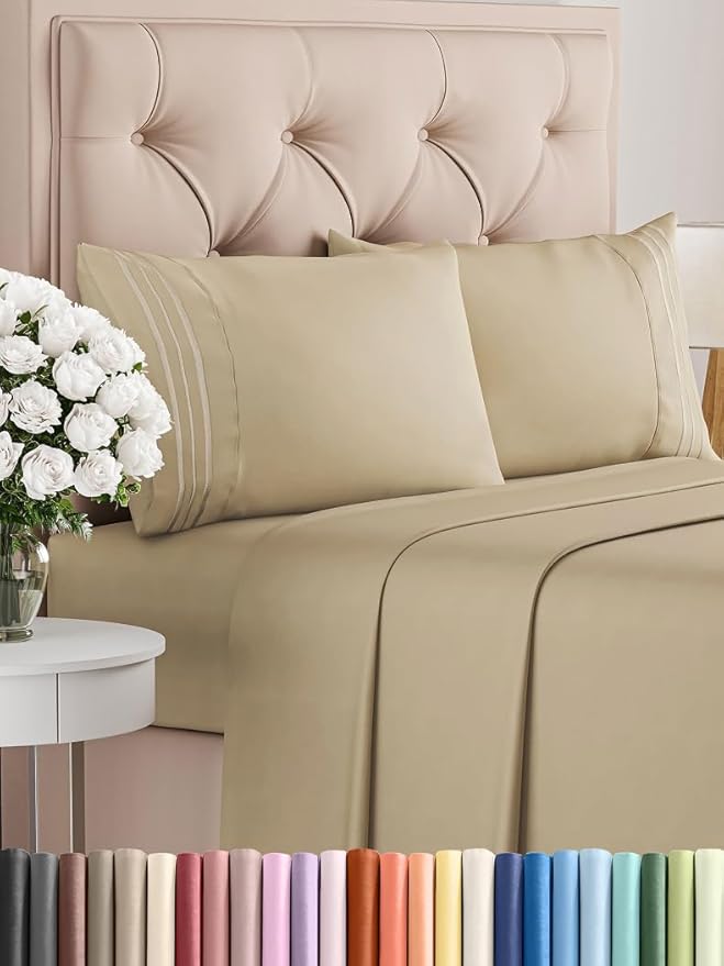 Queen Size 4 Piece Sheet Set - Comfy Breathable & Cooling Bed Sheets Set - Hotel Luxury Bedding for Women, Men, Kids, Teens, Boys & Girls - Deep Pockets, Ultra-Soft, Wrinkle Free - Oeko-Tex - Beige