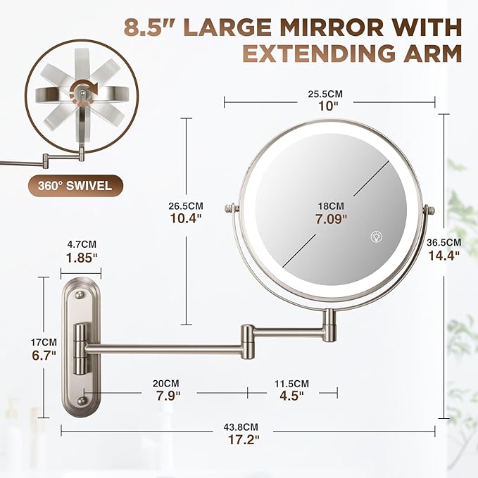 30X Wall Mounted Makeup Mirror with Lights,3 Color Modes Dimmable & Adjustable Double Side, Bathroom Vanity Makeup Mirror with 360 Rotation Extendable Swivel Arm,Magnifying Mirror - Brushed Nickel