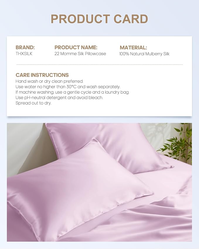 THXSILK Set of 2 100% Mulberry Silk Pillowcase for Hair and Skin, Grade 6A+ Mulberry Silk Pillow Cases 22 Momme, Hypoallergenic Pillow Case Cover with Zipper (Queen 20"x30", Light Purple)