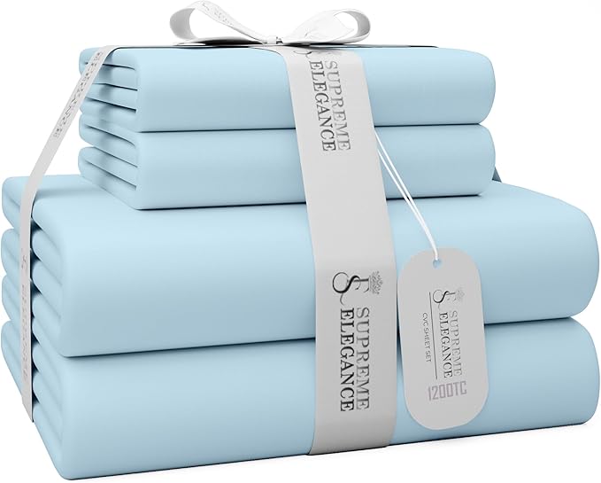 1200 Thread Count King Bluish Gray Sheet Set, Hotel Luxury Cotton Rich Ultra Soft Sateen Sheets, Easy Care Bed Sheet Set with Deep Pocket (1 Flat Sheet, 1 Fitted Sheet & 2 Pillowcases)