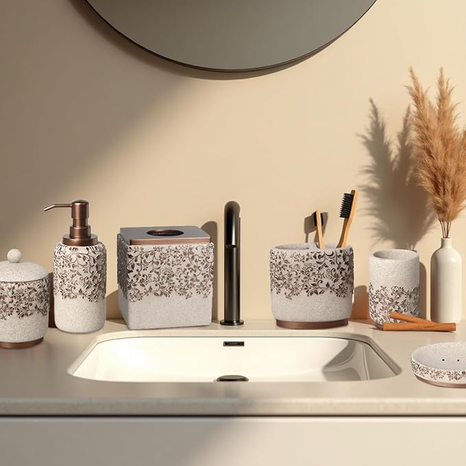 Decozen Bathroom Accessories Set 6Pcs – Soap Dispenser, Toothbrush Holder, Tumbler, Soap Dish & Cotton Swab Jar – Modern Bathroom Decor, Bath Set for Christmas Decor