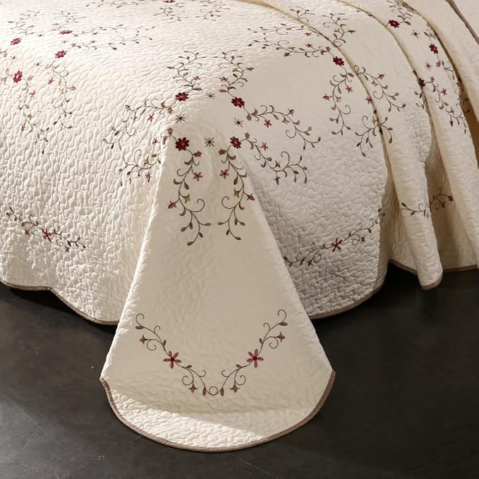 Quilt Set Floral Leaves 3D Embroidery Pattern 3 PCS Cotton Reversible Quilted Embroidered Decorative Bedspreads Coverlet Set, Lightweight &Soft Queen Size Beige Bedding Coverlet for All Season
