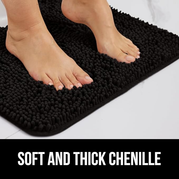 GORILLA GRIP Bathroom Rug Sets 3 Piece, Bath Mat Set and Oval Toilet Base with Rubber Backing, Plush Absorbent Shaggy Chenille Washable Mats, Includes 24x19.5, 24x17 and 36x24 Inch Rugs, Black