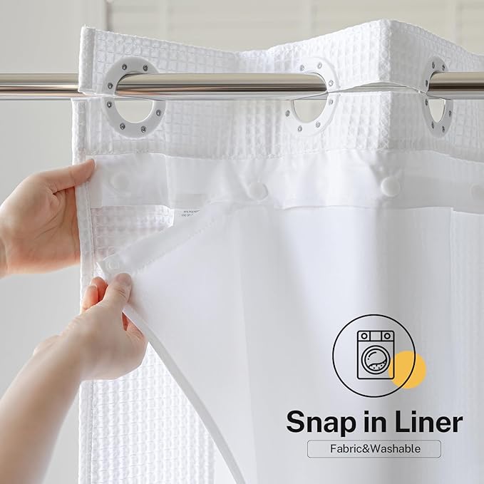 River Dream 54" W Stall No Hook Shower Curtain with Snap in Liner,Cotton Blend Small Shower Curtain for Bathroom,Hotel Quality,Magnets,White,54Wx80L