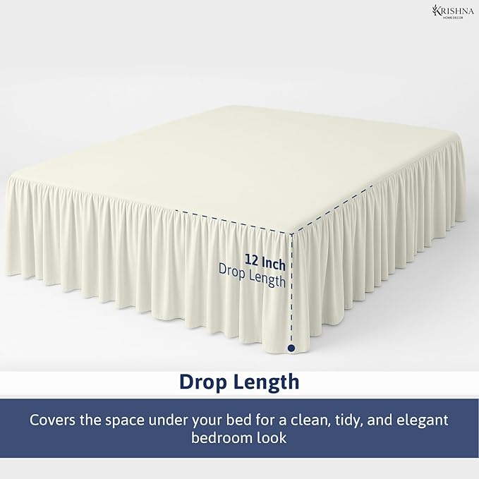 KRISHNA Ruffled Bed Skirt with Split Corners Queen, 100% Microfiber Hotel Quality, 12 Inch Drop Dust Ruffle Gathered Bedskirt with Platform, 60" x 80", Ivory