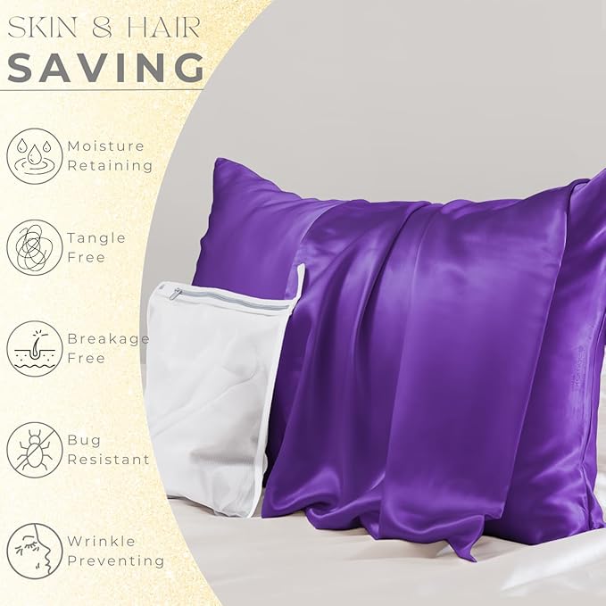 PROMEED 23 Momme Silk Pillowcase 2 Pack with Zipper, 3rd Gen Grade 6A+ 100% Mulberry Silk Pillow Case Set of 2, Cooling Pillow Cases for Hot Sleepers (Standard 20"x26", Purple)