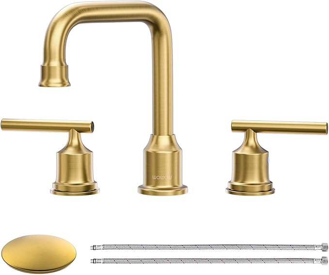 WOWOW Brushed Gold Bathroom Faucet Widespread Bathroom Sink Faucet 2 Handle Lavatory Tap 3 Holes with Drain and Supply Hoses Mordern Basin Taps