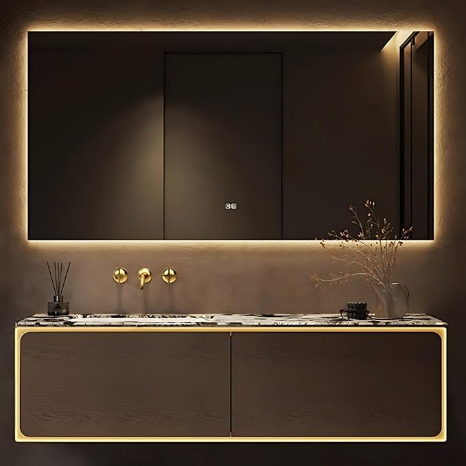 52IN Bathroom Vanity Set with a Single Sink - Embedded Sensor Light Strip & Large Capacity Floating Cabinet | Modern Bathroom Vanities with Defogging Mirror Surface & LED Lighting (Mirror)