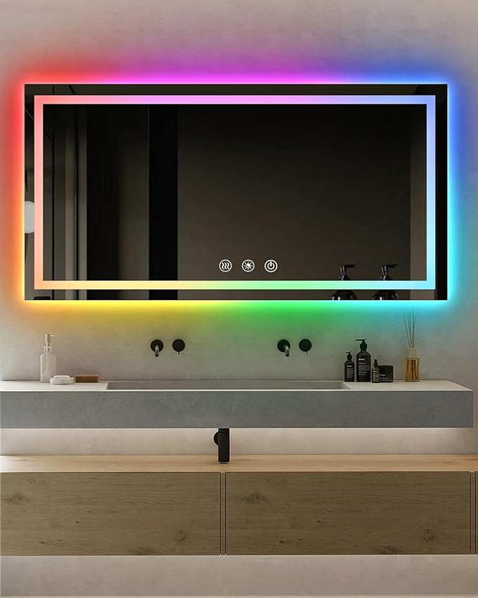 oneup 60x30 Inch Smart LED Bathroom Mirror,RGB Color Changing Bathroom Mirror with Lights,Anti-Fog Wall-Mounted Vanity Mirrors,Dimmable Multicolor Lighted,IP54 Waterproof