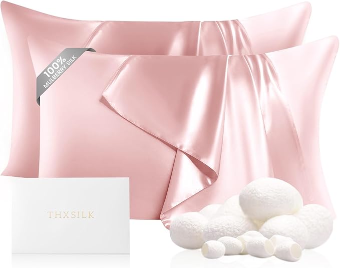 THXSILK Set of 2 Mulberry Silk Pillowcases for Hair and Skin with Hidden Zipper, Pure 22 Momme Silk Pillow Case, Organic Silk Pillowcases Standard Size 20x26 inches, Light Pink