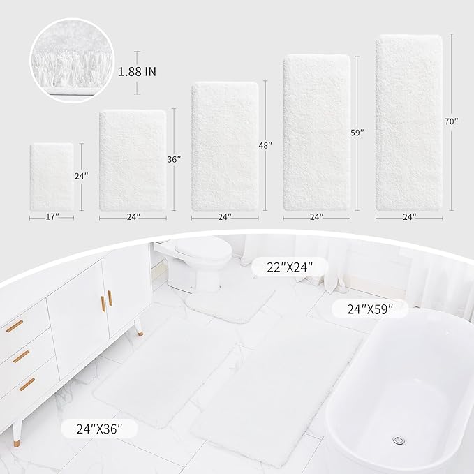 White Bathroom Rugs 24x36 Non Slip Fluffy Bath Mat for Bathroom Floor Washable Plush Luxury Bath Rug for Tub Soft Shaggy Absorbent Shower Sink Mat