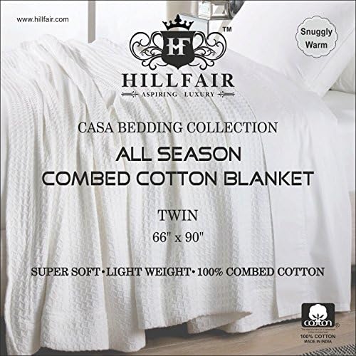 HILLFAIR 100% Combed Cotton Blanket– Twin Bed Blanket– Soft Cozy Warm Multipurpose Throws for Luxury Home Decor– 66 x 90 inch Twin XL Size Cotton Blankets for Beds- Bed Blankets for All Season- Blue