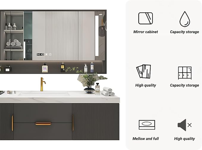 Bathroom Vanity with Double Sink, Modern Bathroom Vanities Compo Includes LED Smart Defogging Mirror Cabinet and Open Shelf, Solid Wood Bathroom Sink Vanity with Slate Countertop (Dark Grey,88")