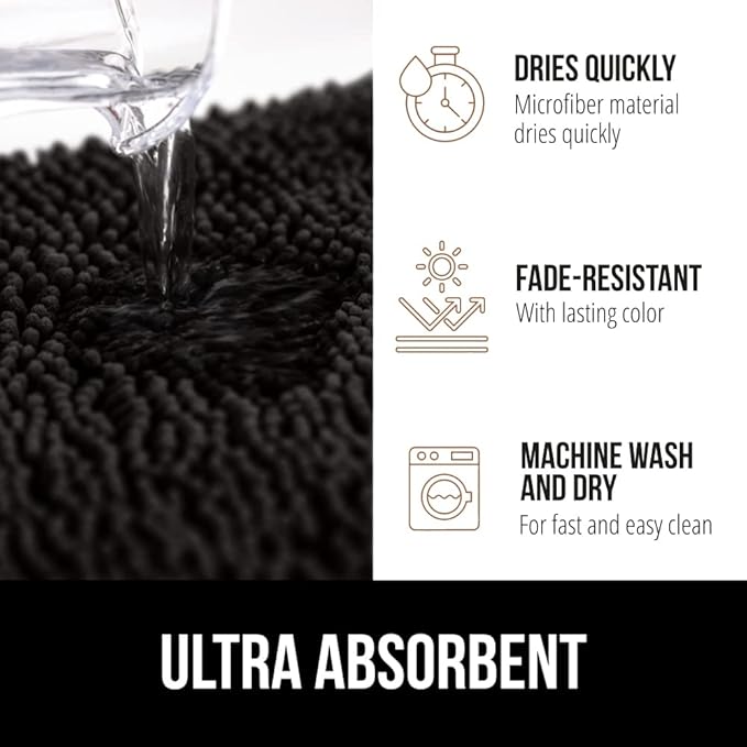GORILLA GRIP Bath Rug Mat 30x20, Thick Soft Absorbent Chenille, Quick Dry Microfiber Mats, Rubber Backing Washable Shower Floor Rugs, Bathmat Runner, US Designed Bathroom Home Decor Accessories Black