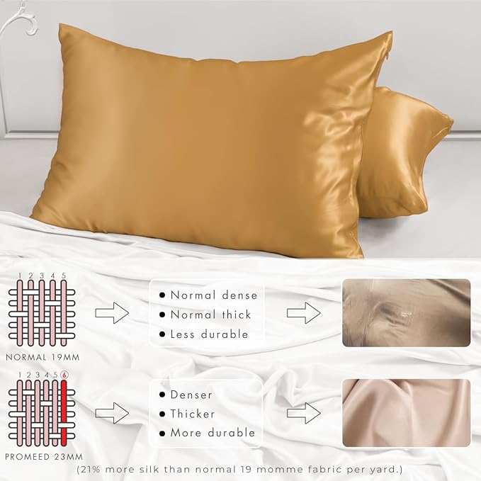 PROMEED 23 Momme Silk Toddler Pillowcase 2 Pack with Free Laundry Bag, Natural Highest Grade 6A+ 100% Mulberry Silk Pillow Case Set of 2, Zipper (Toddler/Travel 13"x18", Gold)