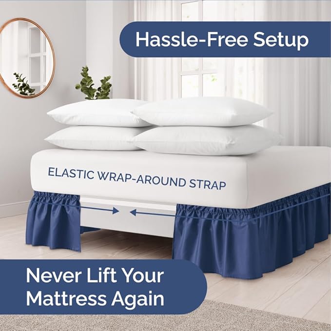 Wrap Around Dust Ruffle Bed Skirt - Navy Blue - for Queen Size Beds w/ 16 Inch Drop - Easy Fit Elastic Strap - Adjustable Pleated Bedskirt with Brushed Fabric, Wrinkle Free Women, Men, Kids and Teens