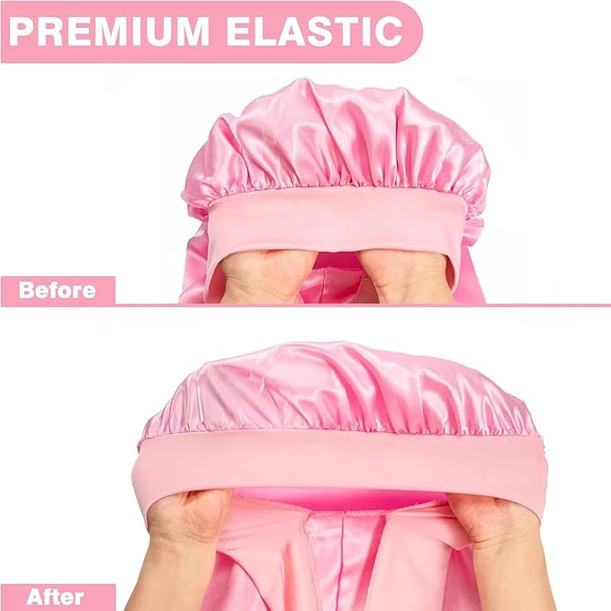 2Pcs Bonnets for Black Women Braid Bonnet, Large Long Satin Bonnet for Braids, Silk Bonnet with Stretchy Tie Band Sleep Cap Hair (2Pcs-Black&Pink)