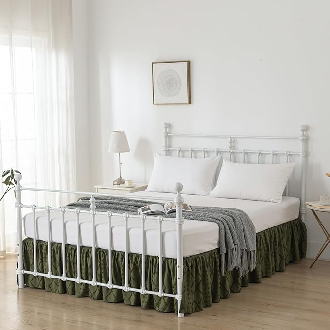 Bed Skirt King Size Ruffled Bed Skirt with Split Corners, 12 Inch Drop Dust Ruffle Bed Skirts with Platform, Boho Tufted Shabby Chic King Size Bed Skirts, Olive Green